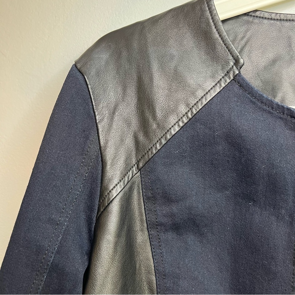Kiind of Thalia faux leather two toned jacket Sz L Navy Black Cotton Chic City - Picture 4 of 14